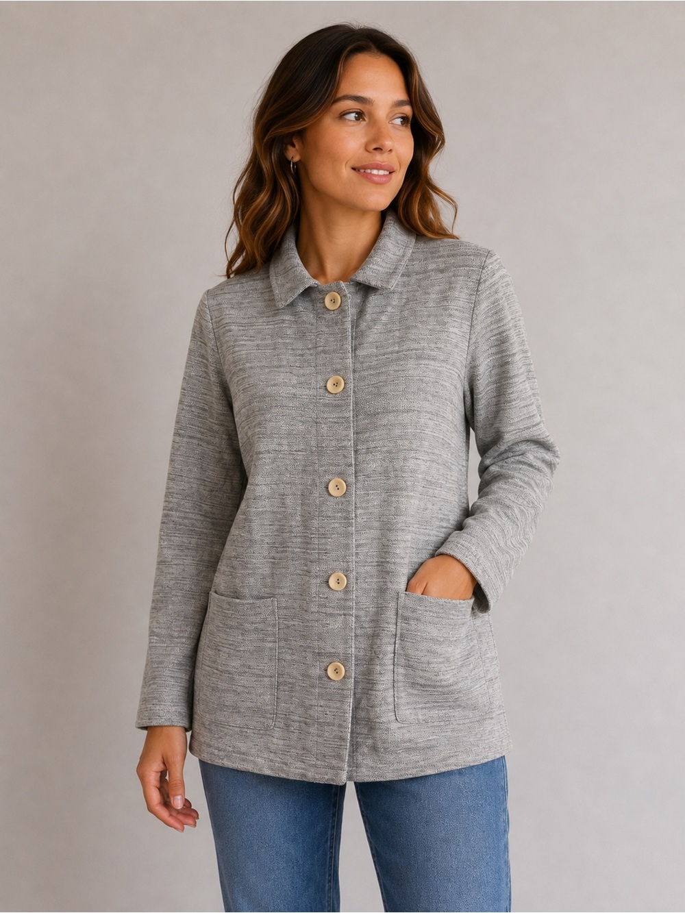 Eileen Fisher Gray Herringbone Organic Cotton Button Front Jacket XS